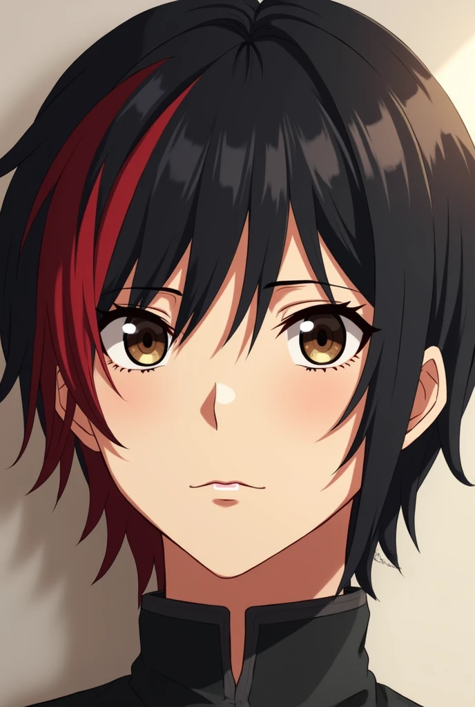 young man anime character, light skin with medium long hairstyle with short bangs, black hairstyle on the right side and red on the left, dark brown eyes, serious face.