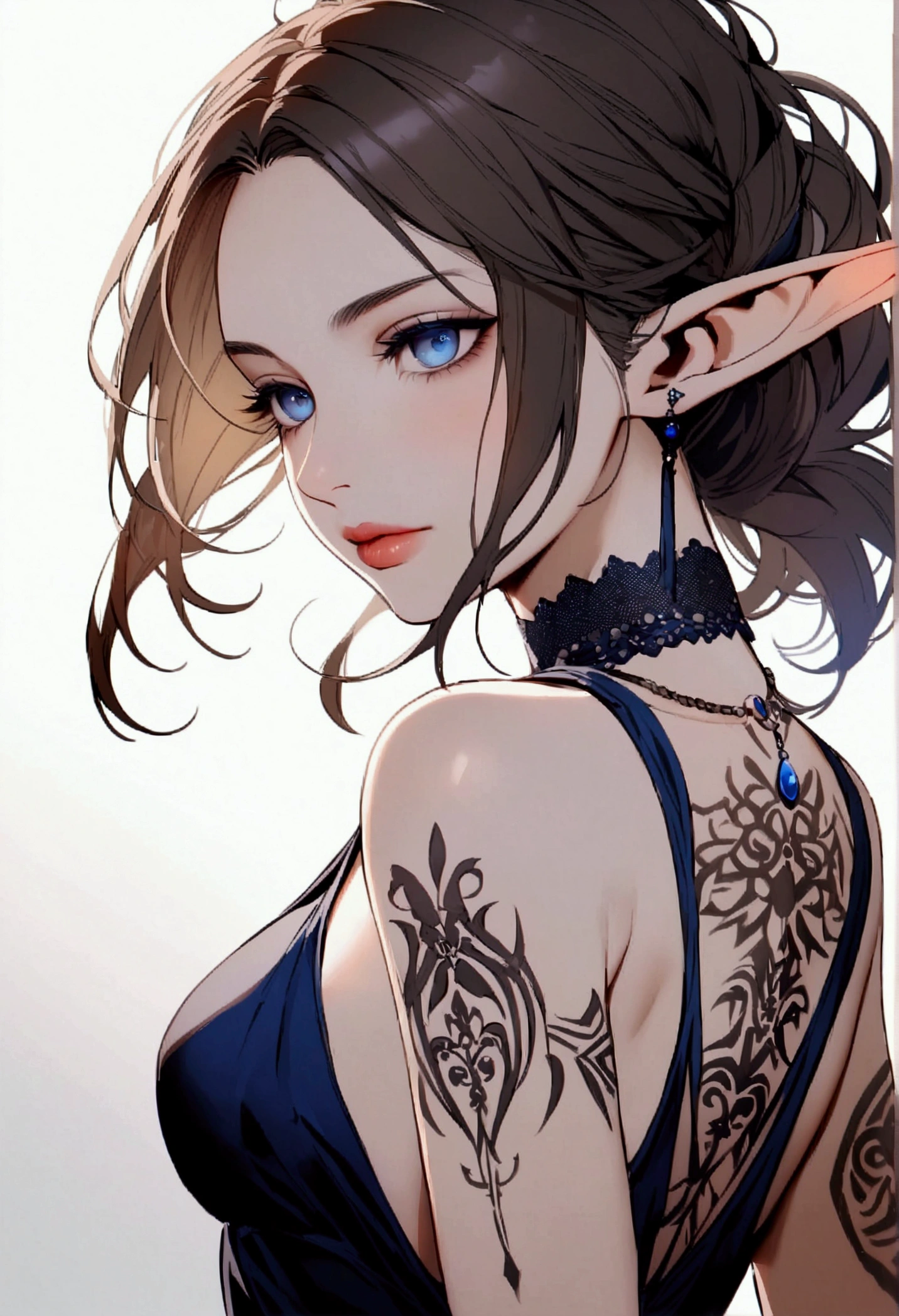 An adult woman, white background, with long brown hair, with bright blue-gray eyes, Her lips are pink, She wears a dark blue sensual dress, has short elf ears, tribal tattoos on her arms