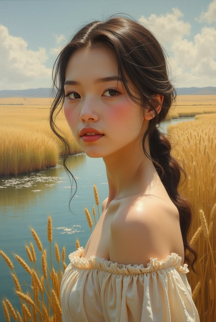 Painting of the "young pearl" with a lake on the shore, a wheat field in impressionism