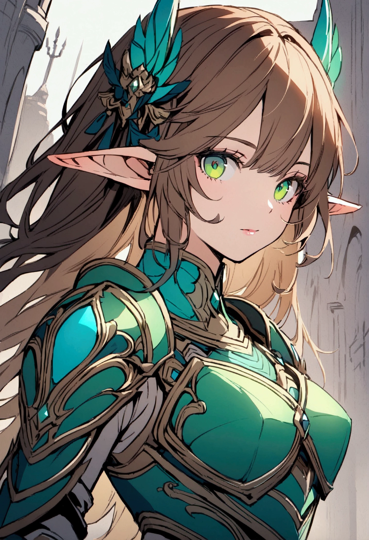 Girl with brown hair, green eyes, elf ears, light efril armor