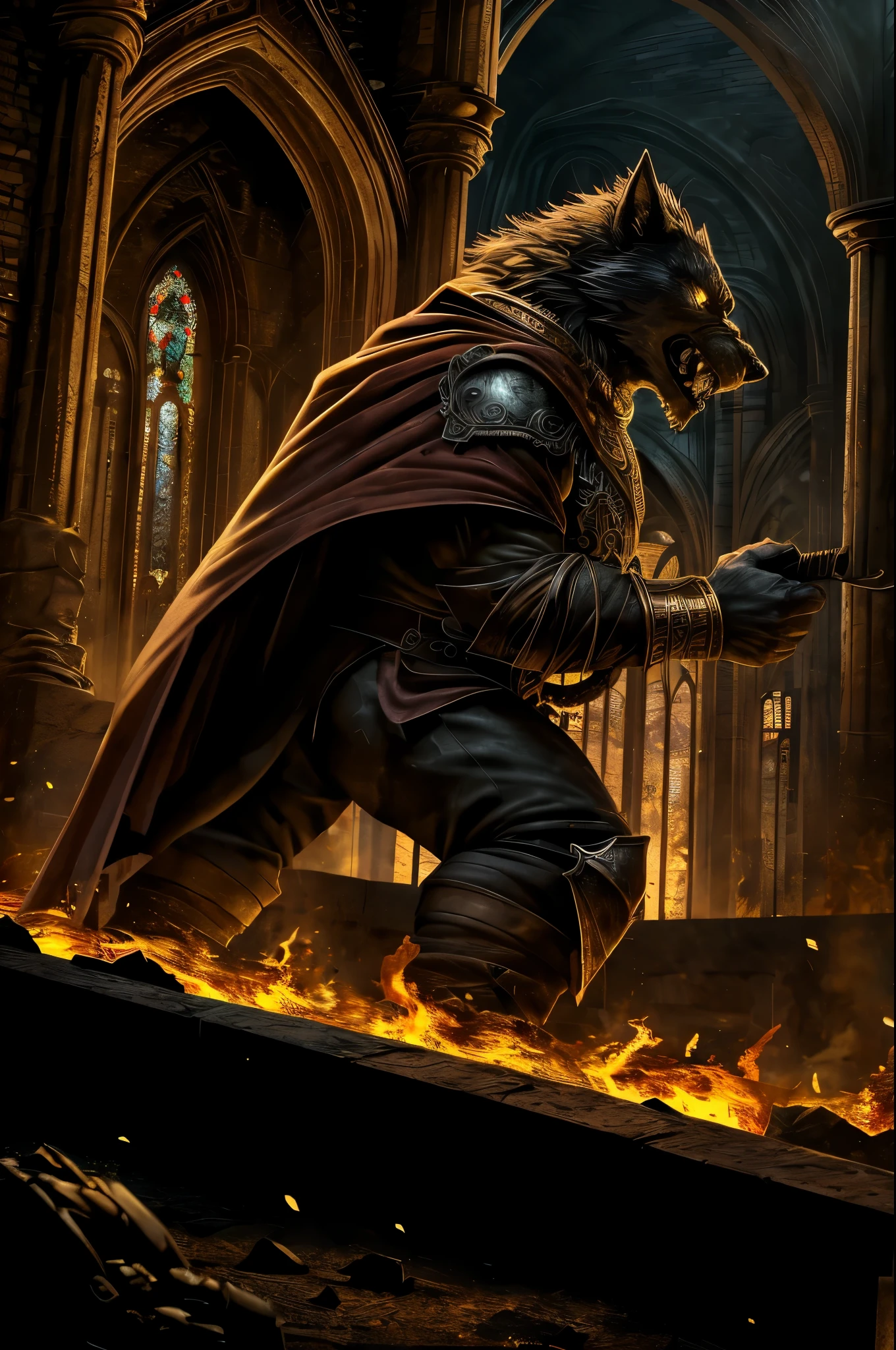 (One Muscular male bara furry wolf, grey fur, dilf, bulge) clothing=(medieval mercenary attire, Gold fangs, gold metal bracers+gold ornaments+black greaves+Yellow eyes+Dark old wrinkled maroon cape), Place=(Old Rome, Midnight, dramatic, lighting in his face, in the dark,dark, creepy, twisted, burning cathedral)+Epic pose+Dirty and chipped armor, sideview), Create a high-resolution digital painting fearsome werewolf within a ruined, burning cathedral. The werewolf is clad in dark, battle-worn red armor, He grips a large, ornate scepter in one hand, his snarling face illuminated by the intense flames engulfing the scene The background features the crumbling arches and shattered stained glass windows of the cathedral, all consumed by fire. The overall atmosphere is dark, chaotic, and apocalyptic, with vivid details of the burning inferno and the powerful, intimidating presence of the werewolf, heavy use of dramatic lighting and bold contrasts to highlight the menacing features of the subjects,combine elements of horror, medieval fantasy, and dark mythos to create a vivid, immersive image.