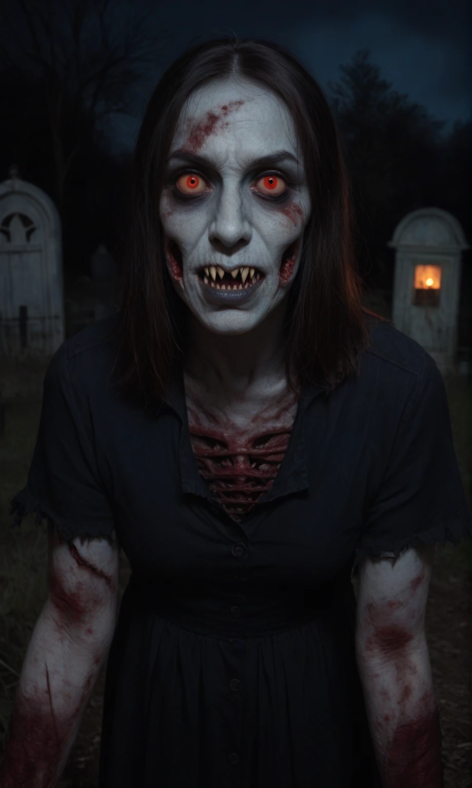 score_9, score_8_up, score_7_up, score_6_up, score_5_up, score_4_up, realistic style, photo, photorealistic, high detail, (sharp), (horror photo), cowboy shot, zombie , demon, (scary creature), scary face, pale skin, ugly face, demonic gaze, vampire fangs, looking at viewer, (graveyard background), night, (pitch darkness), dim moonlight, (great facial detail)