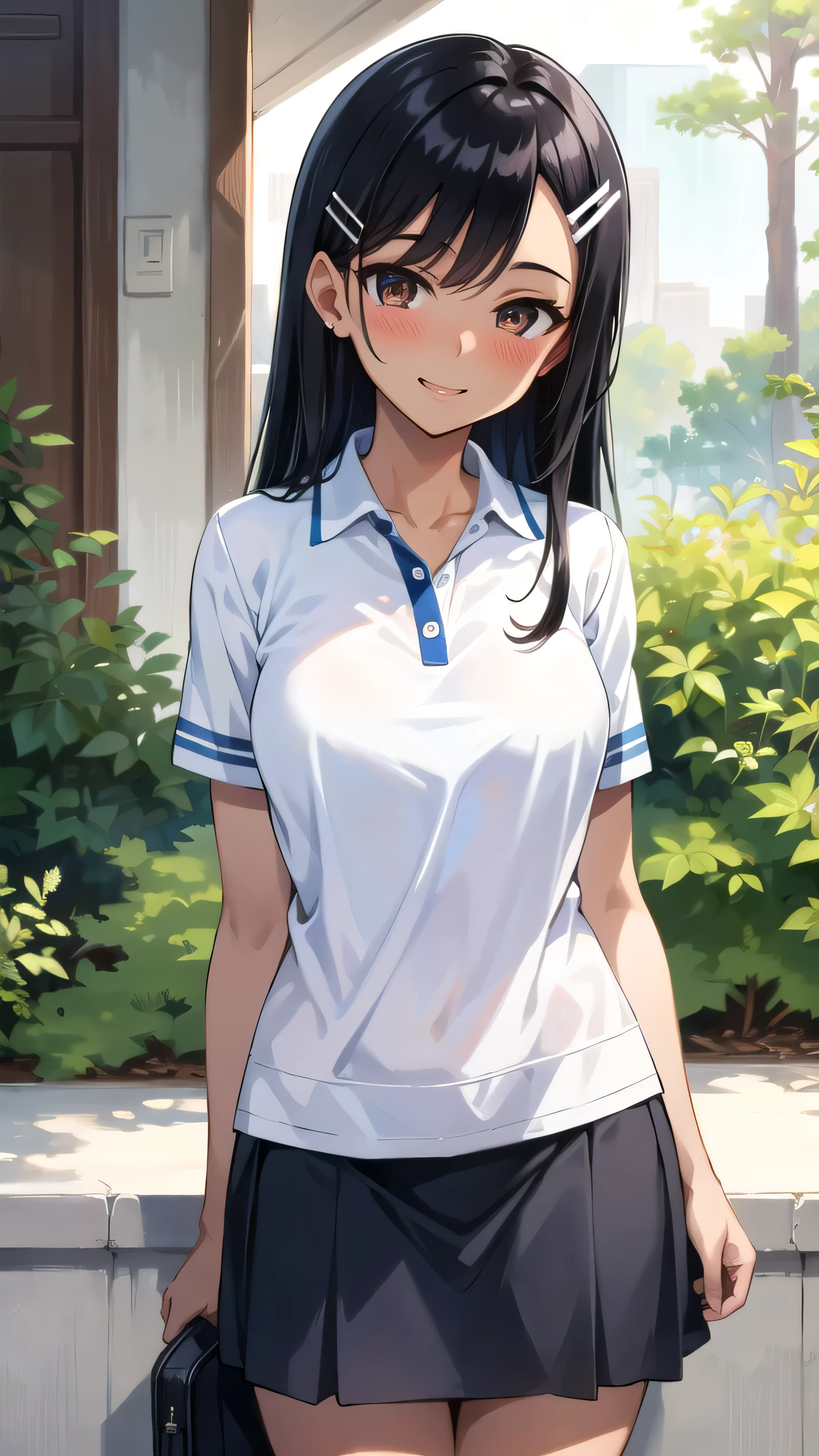 ((best quality)), ((masterpiece)), (details), single girl, sexy ((best quality)), ((masterpiece)), (details), single girl, sexy ((best quality)), ((masterpiece)), (details), single girl, full body, sexy expensive body, expensive, long legs, mature woman, mature, adult, it_nagatoro_main, Nagatoro Hayase, single girl, blushing, alone, blue polo shirt, short sleeves, black hair, brown eyes, hair accessory, looking at viewer, hair clip, smiling, long hair, dark skinned woman, dark skin, , bangs, daytime, skirt, collared shirt, collarbone, ear clip, mouth closed, tree, asymmetrical bangs, upper body