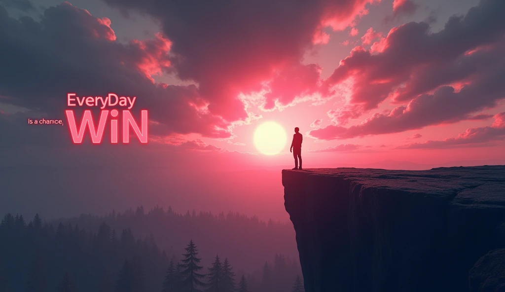 The scene features a determined person standing at the edge of a cliff, looking towards , Dark Environmental rising sun that symbolizes hope and new beginnings. The sky is filled with dynamic trees, Rainy clouds in shades of Dark Gray, pink, and purple. Use bold and Dark colors to emphasize the person's silhouette and the light from the sun. The text 'EveryDay is a chance to Win' should be prominently placed in the left side of the frame using a modern, Dusty and Bold size font with a glowing effect."to delete the errors of this picture and make it look as fine as possible, but also keep the same gbasic idea., 3d render, illustration, poster and it should be in detail And image frame Ratio should be 16:9