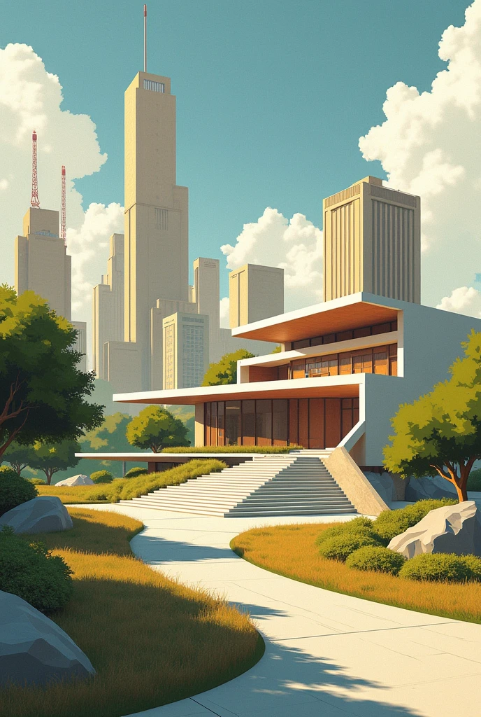 Create an illustration for a faculty assignment that represents the ideas of Frank Lloyd Wright&#39;s Broadarce City urban project but placed in a future context, in 2050