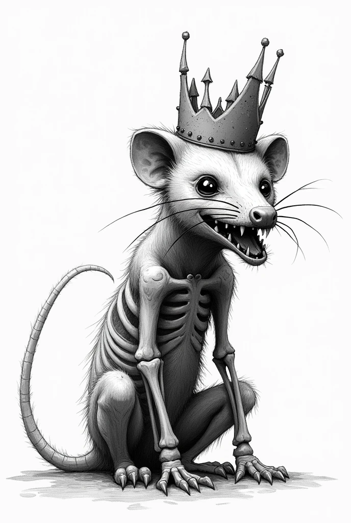 Create a sketch of a hungry skeleton opossum with a destroyed broken crown in black and white pointillism 