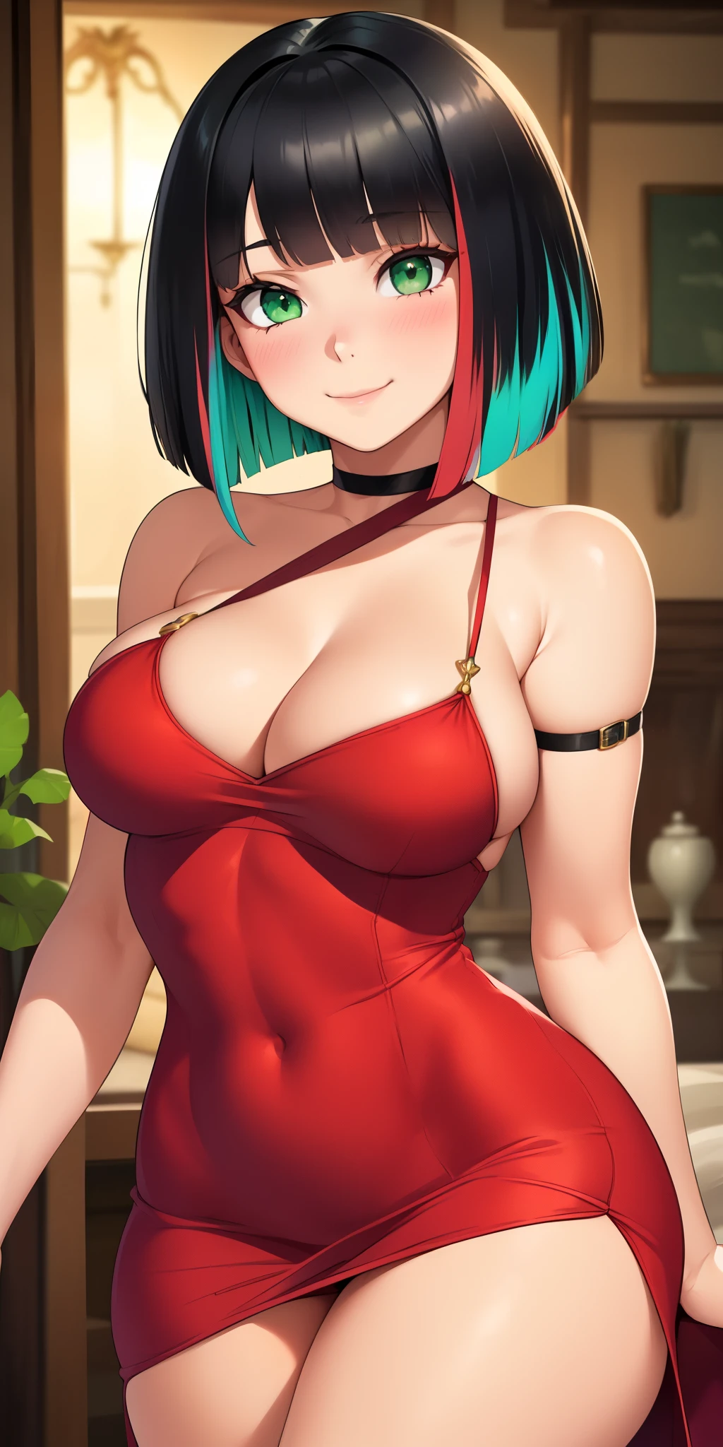 medium firm breasts, busty beautiful ((1cute and beautiful girl, green eyes)), ((multicolored bob black hair with bangs))extremely sexy body, (red fluffy strap dress)), ((dress))), shy smile, blush, (looking at viewer), in beautiful romantic house