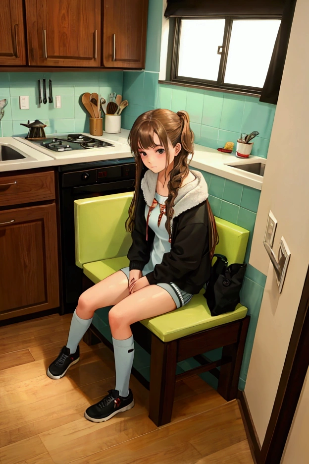  girl, indoor, kitchen, seating in the corner