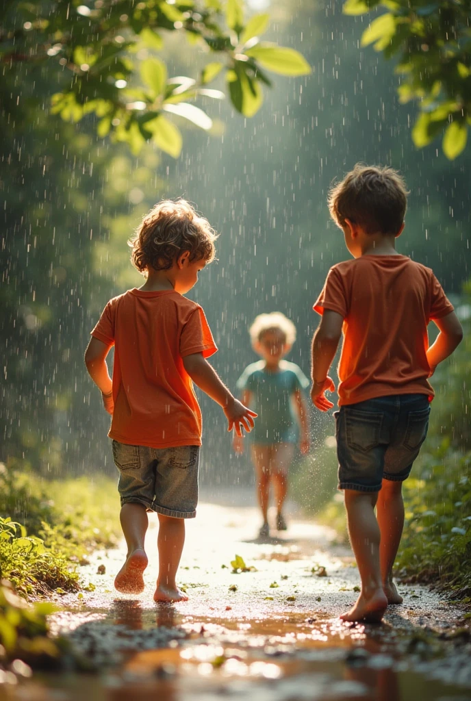 children playing in a summer rain