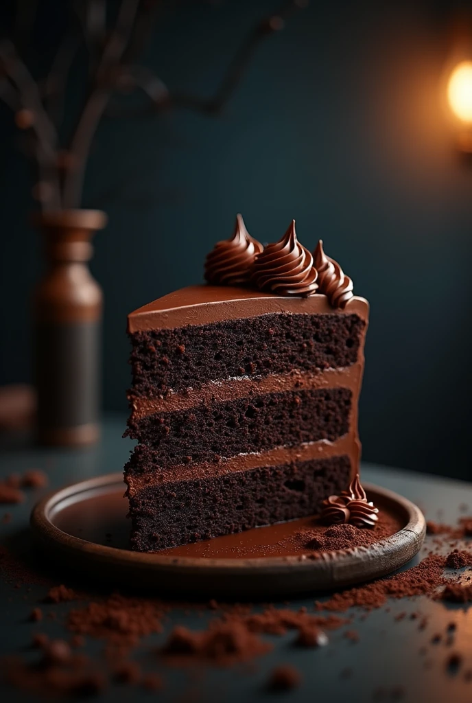 cinematic film still chocolate, chocolate cake, dark background, quality photo, moist texture, frosting, studio photo, slice . shallow depth of field, vignette, highly detailed, high budget, bokeh, cinemascope, moody, epic, gorgeous, film grain, grainy