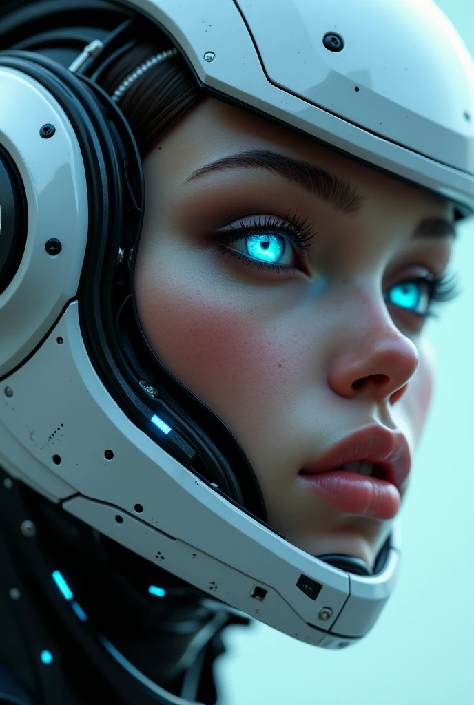 a close up of a robot with blue eyes and a helmet, cyberpunk art by Andrei Kolkoutine, trending on cgsociety, afrofuturism, detailed face of an android, cyborg portrait, portrait of a futuristic robot, robot with human face, robotic face, portrait of an android, symmetry!! portrait of cyborg, attractive sci - fi face, portrait of a cyborg