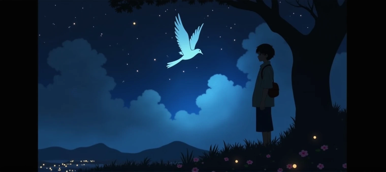 [Core philosophy]A dreamlike、Energetic、Meticulous illustrations，Inspired by the style of Hayao Miyazaki，Depicts a peaceful night scene，A magpie swoops through the starry sky。 [Character Description]In the foreground，A man leaning against a peach tree，His presence adds a sense of tranquility and contemplation to the scene.。 [environment/background]background是柔和的粉红色和紫色色调的令人叹为观止的混合，Creates a surreal and captivating atmosphere。White magpie soars gracefully in the night sky，surrounded by twinkling stars。 [Style and atmosphere]This illustration is executed with a high degree of artistic complexity，Evokes the whimsical and imaginative qualities of Hayao Miyazaki&#39;s signature anime style，Injects a dreamy and charming atmosphere into the scene。 [The composition]The composition uses the vanishing point technique，Draw the viewer&#39;s eye into the depth of the scene，and create a sense of depth and perspective。 [Details and decoration]The delicate floral elements in the foreground add a touch of natural beauty，And vivid、Highly saturated colors and attention to detail throughout the illustrations contribute to their visual impact and immersive quality.。 【Technical specifications】Images are presented in 8K resolution，Vivid in RGB color space、High-contrast color palette，The result is a breathtaking, high-fidelity visual experience