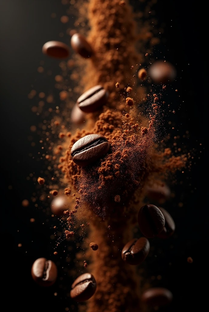 generates an image of coffee beans colliding in the air with each other with a black background and it is seen that when they collide they become ground coffee