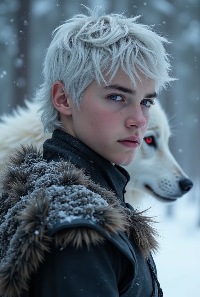 A targaryen teenager boy with 17 years with silver short hair and purple eyes. Winterfell scenary. winter, snow. a white wolf red eyed before him. no clothes