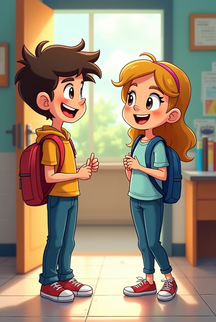 Quiero me generes la siguiente imagen en tamaño horizontal: A boy with short brown hair, wearing a blue T-shirt and jeans, and a girl with long black hair, dressed in a red dress and white shoes, are standing in a school hallway. They are both smiling widely and giving each other a high-five, celebrating their success after passing an exam. The hallway is bright with natural light, and the mood is joyful and triumphant. (Cartoon style, and they are teenagers)