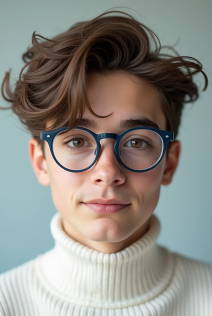 A young man of , with brown disheveled hair, cute face, boxy face, wearing bluish spectacles and brown eyes, wearing white turtleneck.