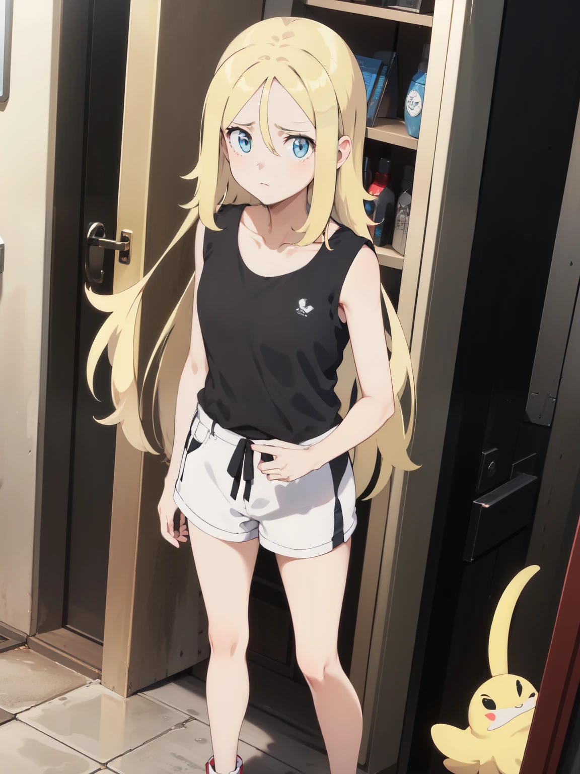 work of art, best qualityer, high resolution, hair blonde, long hair, blue colored eyes, 1 girl, standing alone, eyelash, sleeveless, bangss, clavicle, bare arms, black tee, white fund, 正面, No scenario, gazing at viewer,trunk, visualizador de 正面, solid color fund, clean fund, De 正面 para a câmera, high resolution, calm and expressionless face, fund branco, looking away, Simpler_fund