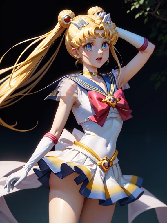 In this exquisite masterpiece of the highest quality, we are presented with a captivating portrayal of 1girl, none other than the beloved Tsukino Usagi, also known as Sailor Moon. The artist has skillfully captured her iconic appearance in her solo moment, wearing her Sailor Senshi uniform with utmost attention to detail.

Tsukino Usagi's long, flowing blonde hair cascades down her back, beautifully framing her enchanting blue eyes that shimmer with a sense of wonder. Her delicate hands are adorned with white gloves that add a touch of elegance to her Sailor Collar.

adding a playful element to her overall look. , medium breast, smile, open mouth, from below, Panty shot,, arms behind head