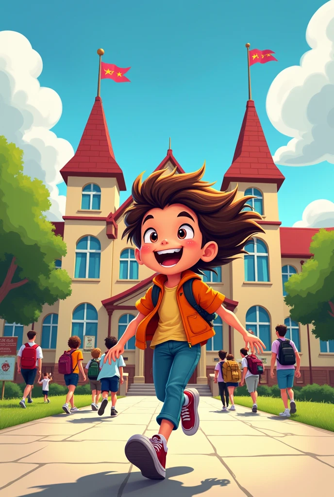 Create a cartoon where a young teenager arrives at school