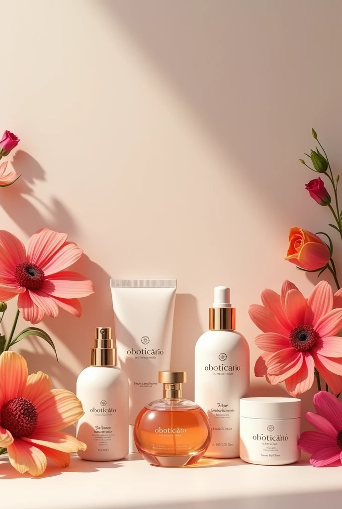 photo with the Oboticário and shoppe logo to publish on Instagram, put some flowers, some perfumes, put some creams from Oboticário that are very eye-catching and beautiful