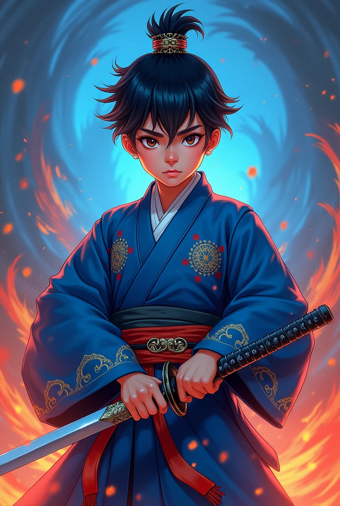 Portrait of a Young asian boy, wears a blue onmyoji outfit and bearing a sword in his hand, background is blue and red fire, draw in 2D
