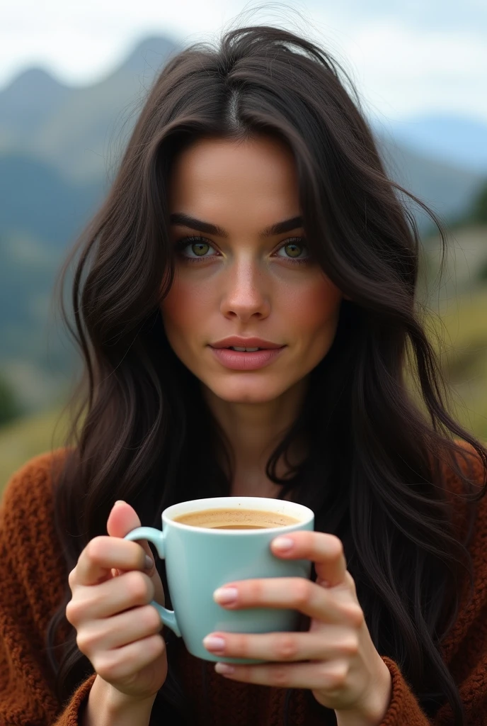 ((Tir lointain)) influenceuse noire brune avec de longues locks yeux verts, sexually, large , have a coffee in the mountains, look élégant et moderne, relaxant, tranquil, extravagant , 8k, extremely detailed, Photorealistic, Complicated details, texture de peau réaliste, realistic hair, texture, blissful, 8K  UHD, best quality, high resolution, Attention aux détails, très large , Tir lointain, large angle