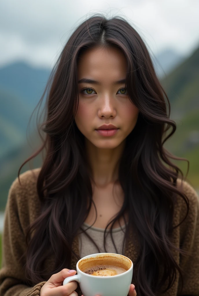 ((Tir lointain)) influenceuse noire brune avec de longues locks yeux verts, sexually, large , have a coffee in the mountains, look élégant et moderne, relaxant, tranquil, extravagant , 8k, extremely detailed, Photorealistic, Complicated details, texture de peau réaliste, realistic hair, texture, blissful, 8K UHD, best quality, high resolution, Attention aux détails, très large , Tir lointain, large angle