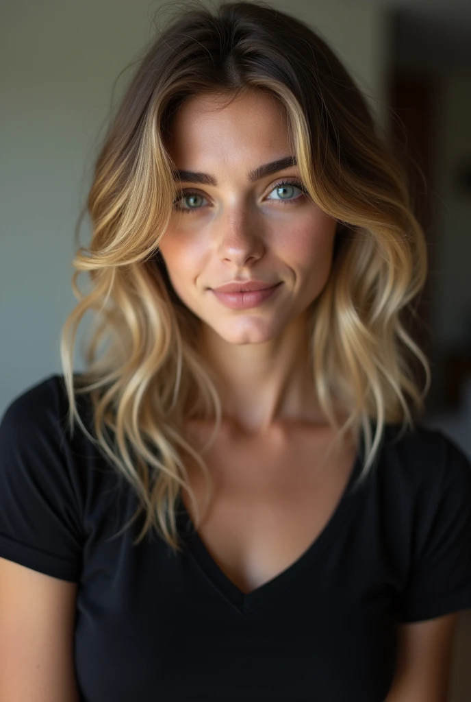 Beautiful brunette with blonde highlights wearing a Black t-shirt (in a room ), highly detailed, 22 years old, , , innocent face, natural wavy hair, blue eyes, high resolution, Masterpiece, Best quality, Intricate high detail, Highly detailed, Sharp focus, Detailed skin, realistic skin texture, texture, detailed eyes, professional, 4k, charming smile, shot on Canon, 85mm, shallow depth of field, Kodak Vision Color, Perfect Fit Body , extremely detailed, photography_\(ultra\), Photorealistic, Realistic, Post-processing, maximum details, roughness, real life, ultra realistic, Photorealism, photography, 8k UHD, photography, busty
