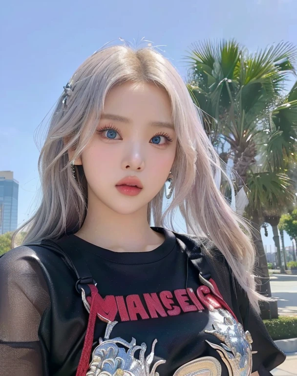 un primer plano de una persona con una camisa posando para una foto y de blue like eyes, parque roseanne de blackpink, chica de pelo plateado, usando cabello plateado, jossi de blackpink, Lalisa Manoban de Blackpink, chica de pelo plateado, portrait of jossi de blackpink, su cabello es plateado, Lalisa Manobal, pelo pálido, con pelo largo y blanco, su cabello es blanco, jisoo from blackpink, popular south korean makeup, quality detailed ,(beautiful makeup :1.2), Wide hips, big, big ass, (best quality, 8K, masterpiece: 1.3), Clear focus: 1.2, Perfect body beauty: 1.4, strong abs, Very detailed face and skin texture. , detailed eyes, double eyelids, (long hair), having very marked curves, with greater volume in ((hips and breasts)), which makes the waist look much smaller ((wasp waist)).(obra maestra, calidad superior, mejor calidad, arte oficial, profundidad de campo, Belleza y Estética: 1.2), renderizado pináculo, Representación realista, (1 chica), detalle extremo, Vistoso, Detalle supremo, arte oficial, Fondo de pantalla unificado de 8k