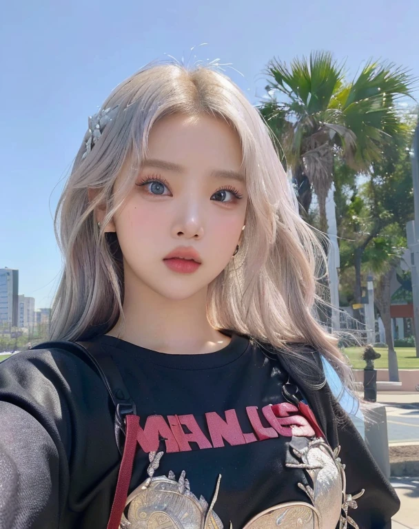 un primer plano de una persona con una camisa posando para una foto y de blue like eyes, parque roseanne de blackpink, chica de pelo plateado, usando cabello plateado, jossi de blackpink, Lalisa Manoban de Blackpink, chica de pelo plateado, portrait of jossi de blackpink, su cabello es plateado, Lalisa Manobal, pelo pálido, con pelo largo y blanco, su cabello es blanco, jisoo from blackpink, popular south korean makeup, quality detailed ,(beautiful makeup :1.2), Wide hips, big, big ass, (best quality, 8K, masterpiece: 1.3), Clear focus: 1.2, Perfect body beauty: 1.4, strong abs, Very detailed face and skin texture. , detailed eyes, double eyelids, (long hair), having very marked curves, with greater volume in ((hips and breasts)), which makes the waist look much smaller ((wasp waist)).(obra maestra, calidad superior, mejor calidad, arte oficial, profundidad de campo, Belleza y Estética: 1.2), renderizado pináculo, Representación realista, (1 chica), detalle extremo, Vistoso, Detalle supremo, arte oficial, Fondo de pantalla unificado de 8k