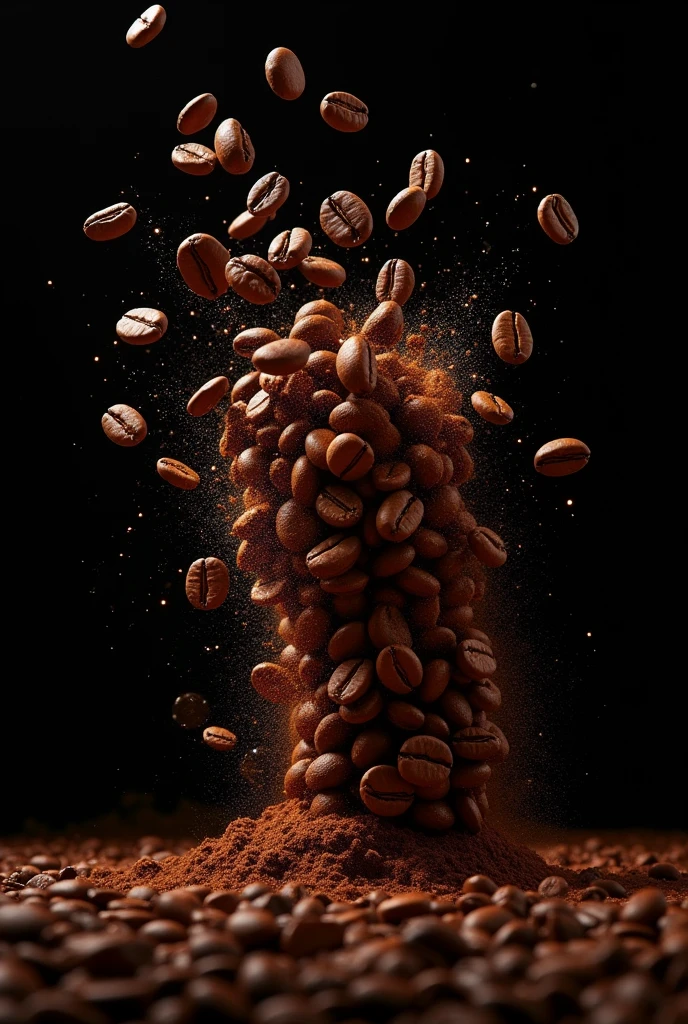 generates an image that has many coffee beans colliding in the air with each other with a black background and it is seen that when they collide they become ground coffee
