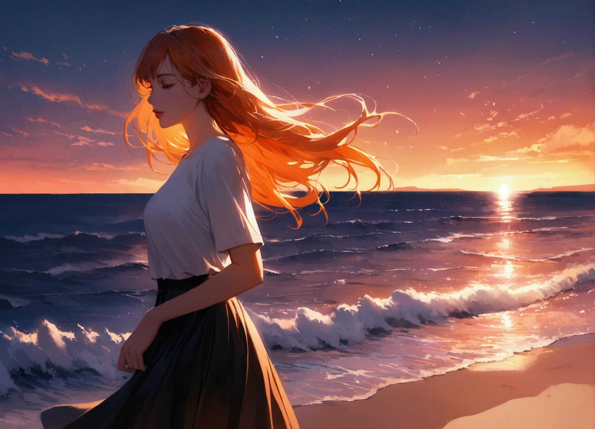 A breathtaking digital artwork of a young woman standing on a sandy beach at sunset, her silhouette framed against a vibrant sky filled with swirling clouds in shades of orange, pink, and deep blue. She has medium-length hair gently blowing in the breeze, wearing a casual white t-shirt and a flowing black skirt. The ocean waves reflect the warm colors of the sunset, creating a serene and dreamy atmosphere, with a few scattered stars beginning to twinkle in the dusk sky. Hyper-realistic style, high detail, cinematic lighting, and a focus on the interplay of light and shadow.