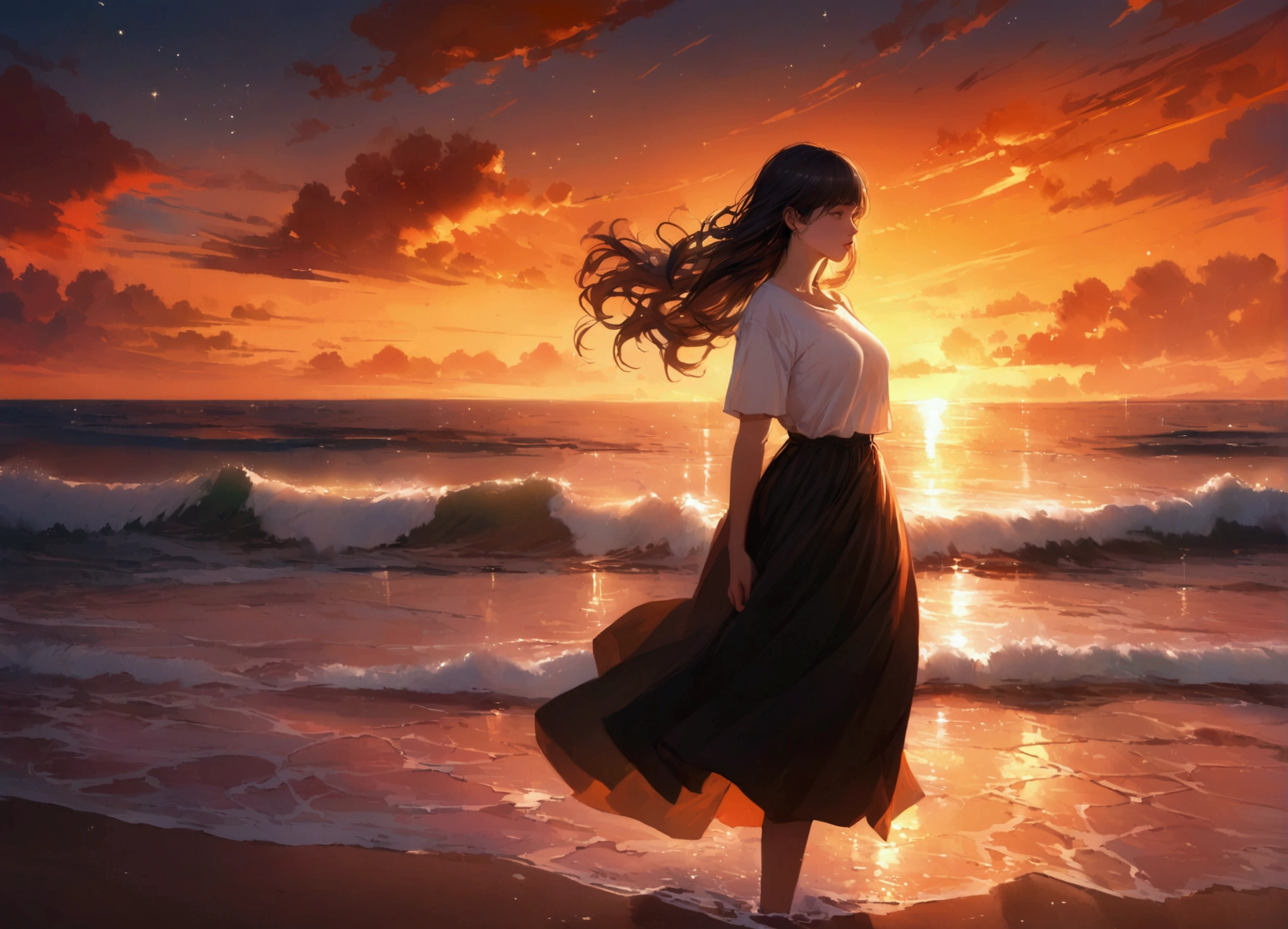 A breathtaking digital artwork of a young woman standing on a sandy beach at sunset, her silhouette framed against a vibrant sky filled with swirling clouds in shades of orange, pink, and deep blue. She has medium-length hair gently blowing in the breeze, wearing a casual white t-shirt and a flowing black skirt. The ocean waves reflect the warm colors of the sunset, creating a serene and dreamy atmosphere, with a few scattered stars beginning to twinkle in the dusk sky. Hyper-realistic style, high detail, cinematic lighting, and a focus on the interplay of light and shadow.