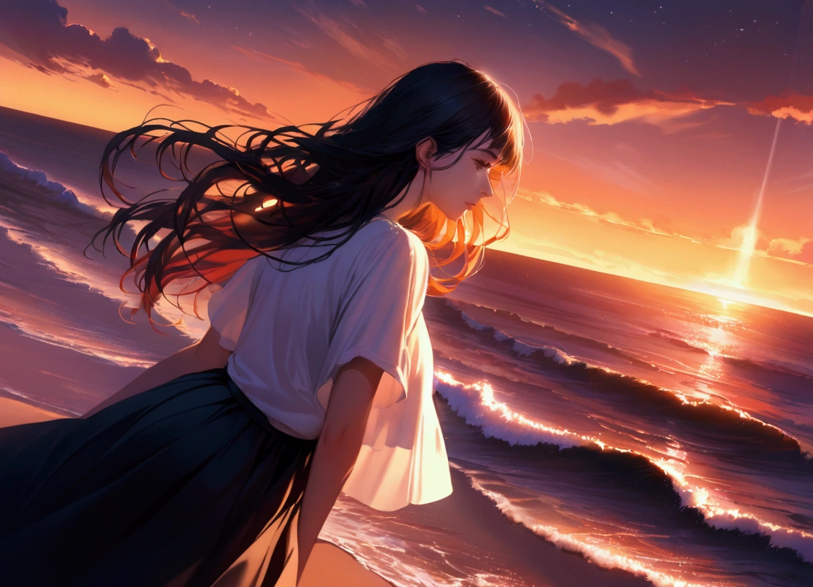 A breathtaking digital artwork of a young woman standing on a sandy beach at sunset, her silhouette framed against a vibrant sky filled with swirling clouds in shades of orange, pink, and deep blue. She has medium-length hair gently blowing in the breeze, wearing a casual white t-shirt and a flowing black skirt. The ocean waves reflect the warm colors of the sunset, creating a serene and dreamy atmosphere, with a few scattered stars beginning to twinkle in the dusk sky. Hyper-realistic style, high detail, cinematic lighting, and a focus on the interplay of light and shadow.