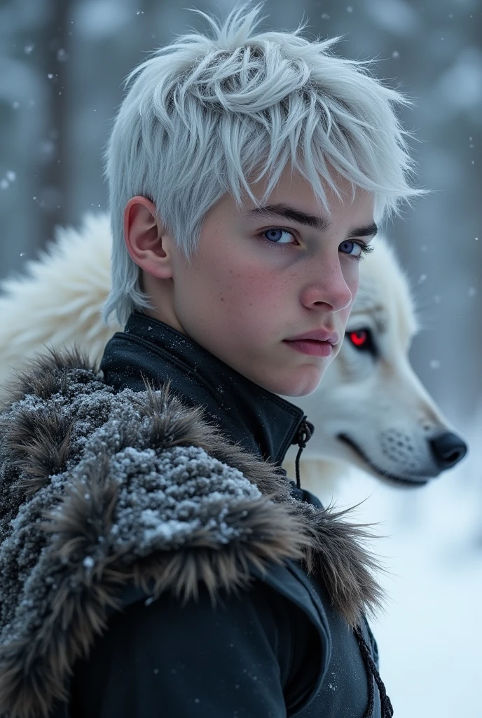 A targaryen teenager boy with with silver short hair and purple eyes. Winterfell scenary. winter, snow. a white wolf red eyed before him. perfect anatomy, no shirts