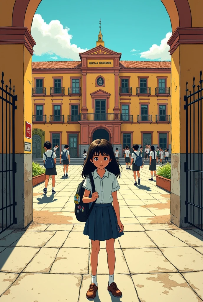 Create a comic strip where a young teenager arrives at a public school in Argentina 