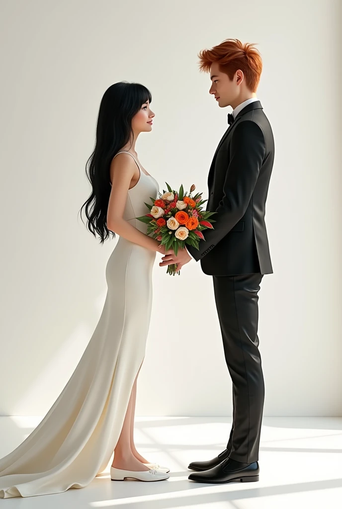 Tall brunette woman, long straight black hair, slim, with wedding dress, White shoe ,holding a bouquet of flowers ,a tall boy, stark ,russet hair ,with formal suit, black shoe