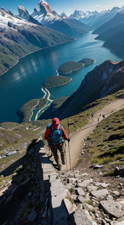 A bird's-eye view reveals a lone hiker's relentless climb up a steep mountain path in Patagonia Chile, mirroring our ability to persevere and surmount life's challenges, much like the towering mountains that surround them.