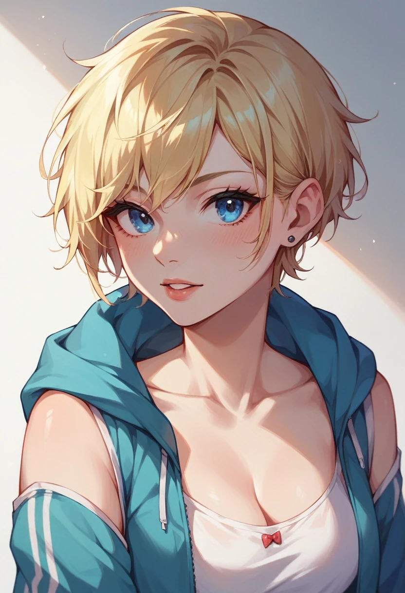 A short-haired blonde girl With modern And she has blue eyes and fair skin