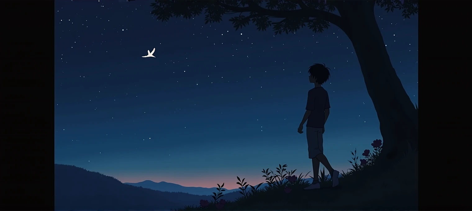 [Core philosophy]A dreamlike、Energetic、Meticulous illustrations，Inspired by the style of Hayao Miyazaki，Depicts a peaceful night scene。 [Character Description]In the foreground，A man leaning against a peach tree，His presence adds a sense of tranquility and contemplation to the scene.。 [environment/background]The background is a breathtaking mix of soft pink and purple tones，Creates a surreal and captivating atmosphere。White magpie soars gracefully in the night sky，surrounded by twinkling stars。 [Style and atmosphere]This illustration is executed with a high degree of artistic complexity，Evokes the whimsical and imaginative qualities of Hayao Miyazaki&#39;s signature anime style，Injects a dreamy and charming atmosphere into the scene。 [The composition]The composition uses the vanishing point technique，Draw the viewer&#39;s eye into the depth of the scene，and create a sense of depth and perspective。 [Details and decoration]The delicate floral elements in the foreground add a touch of natural beauty，and vivid、Highly saturated colors and attention to detail throughout the illustrations contribute to their visual impact and immersive quality.。 【Technical specifications】Images are presented in 8K resolution，Vivid in RGB color space、High-contrast color palette，The result is a breathtaking, high-fidelity visual experience