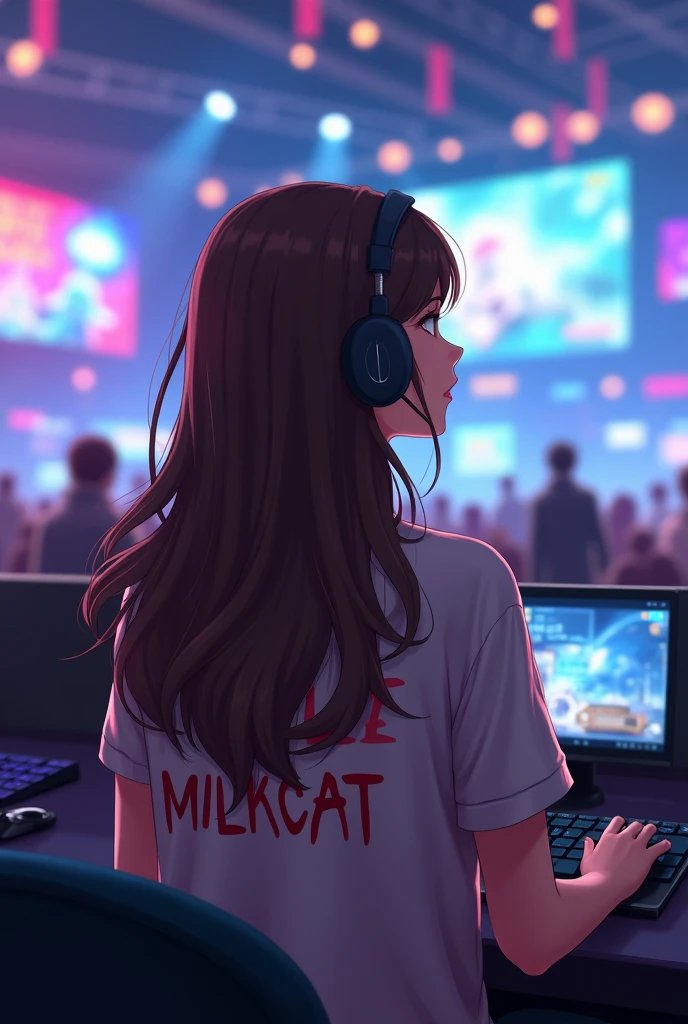 Girl playing mobile legends with long brown hair with bangs , from the back and with a blouse with the nick "Milkcat" written on the back , and she's in a gaming arena cheering, not anime style