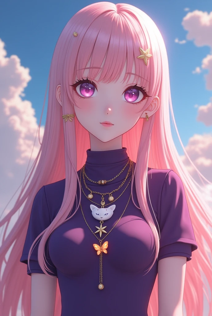She is a very beautiful fifteen-year-old girl with snowy skin, long wavy hair of a pale pink color and expressive almond-shaped, almost transparent light blue eyes., He has a slim and athletic body, Her heart-shaped face has a small nose and light strawberry pink lips., Her clothing consists of a tight-fitting dark purple sleeveless high-necked shirt that highlights her small waist., He wears tight light gray pants and elegant black ankle boots.. He wears three necklaces, the longest is the one with a white cat., The second is a five-pointed gold star with an orange gem in the middle and the last and smallest is the one with a small magenta butterfly., On her left deck she has a light magenta yin-shaped bracelet.. ((Style Epic Anime 3D))