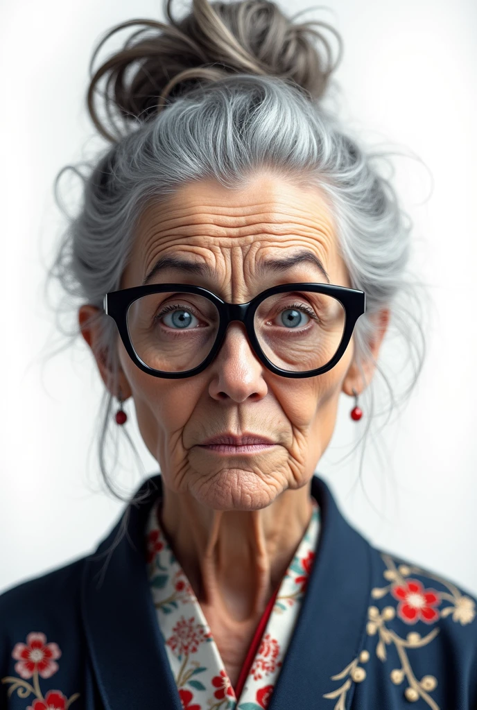 old woman, beautiful, grey hair, messy updo bun, blue eyes, long dark circles, SERIOUS LOOK, glasses, kimono, negro, floral, Front view, Whole body, White background