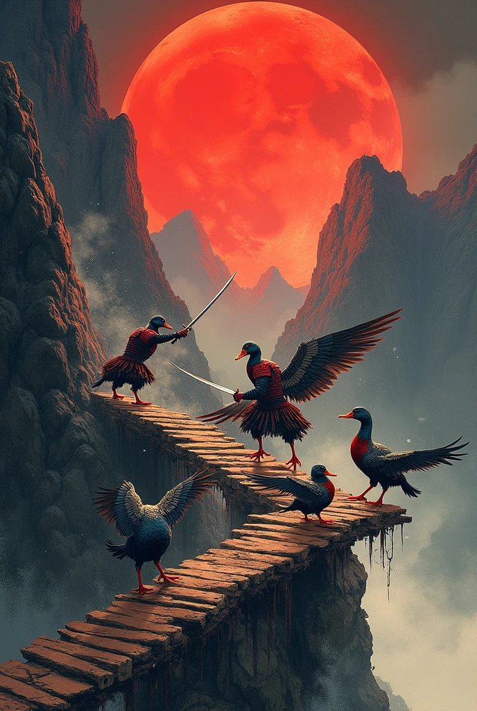 samurai ducks fighting on a mountain bridge under the light of a red moon