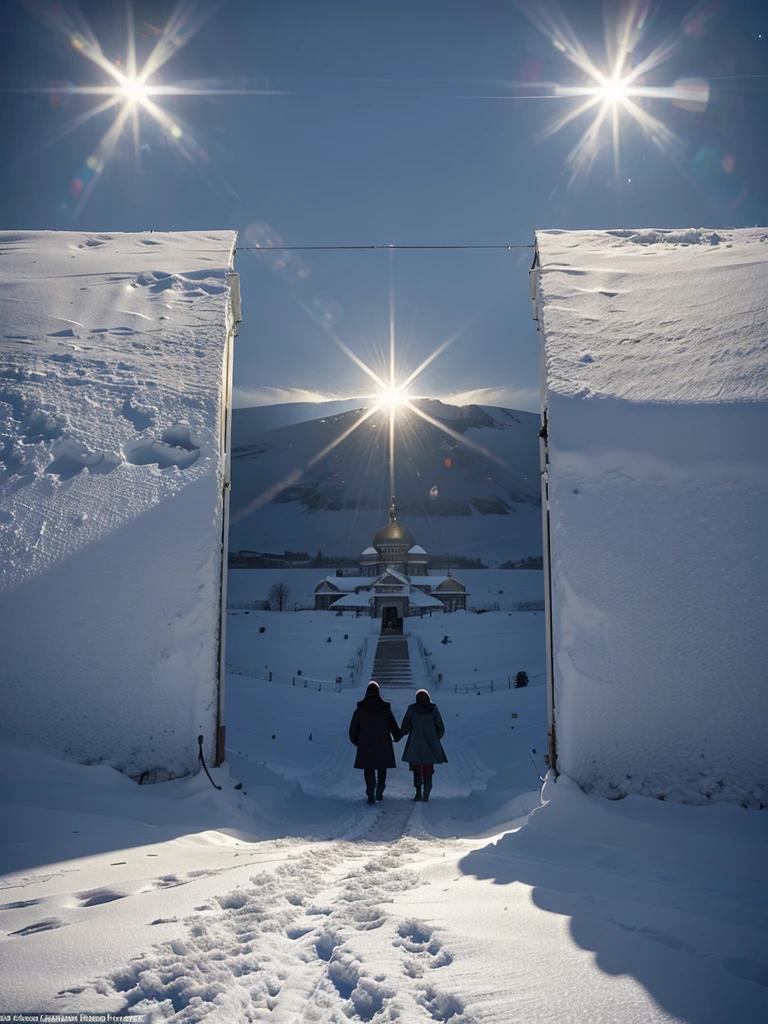 Poster for the film, masterpiece, a group of four adults and one child makes their way through the Arctic snow, blizzard, snowfall, wind, blizzard, the bright sun blinds the eyes, the snow glitters furiously. An Orthodox monastery is visible on the horizon. high quality textures