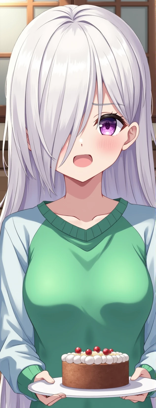 A girl, 13 years, purple eyes, long white hair with a strand covering his left eye, wearing a green and light blue sweater, holding a plate with a cake on it