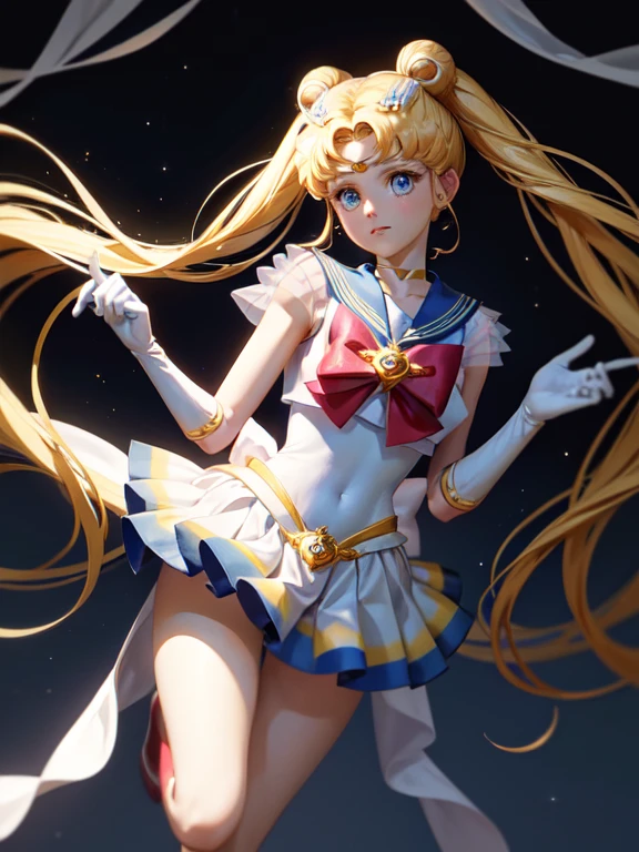 In this exquisite masterpiece of the highest quality, we are presented with a captivating portrayal of 1girl, none other than the beloved Tsukino Usagi, also known as Sailor Moon. The artist has skillfully captured her iconic appearance in her solo moment, wearing her Sailor Senshi uniform with utmost attention to detail.

Tsukino Usagi's long, flowing blonde hair cascades down her back, beautifully framing her enchanting blue eyes that shimmer with a sense of wonder. Her delicate hands are adorned with white gloves that add a touch of elegance to her Sailor Collar.

Two charming twintails, each adorned with a blue sailor collar, spring forth from the sides of her head, adding a playful element to her overall look. The artist,  A dynamic pose,  (Kick with one leg raised high:1.3)