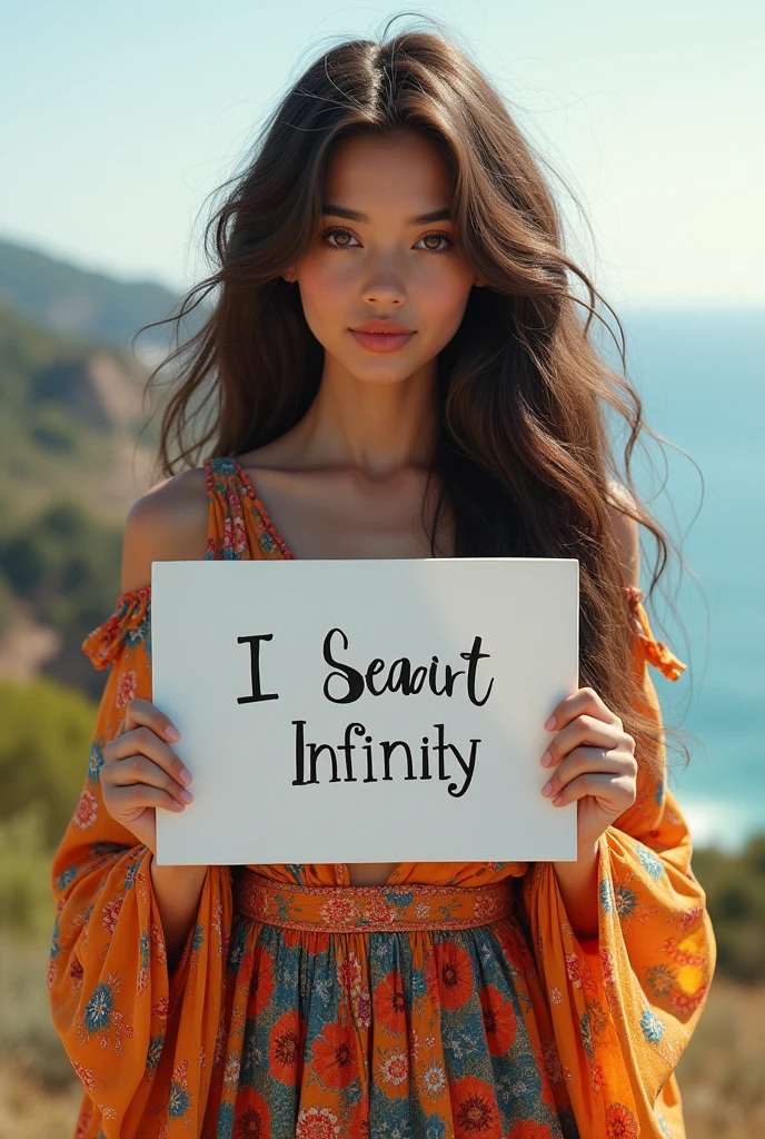 Beautiful girl with wavy long hair, bohemian dress, holding a white board with text "I Love Seaart Infinity" and showing it to the viewer