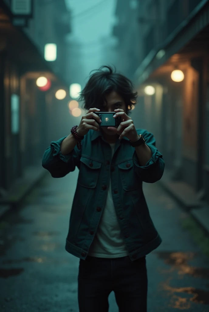 Anxious movie character playfully taking photo on cell phone 