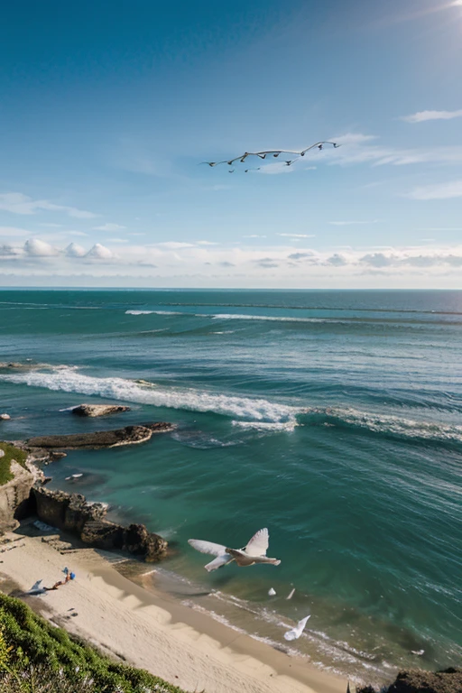 The beautiful view with clear skies on the coast in the afternoon filled with flying birds is truly amazing